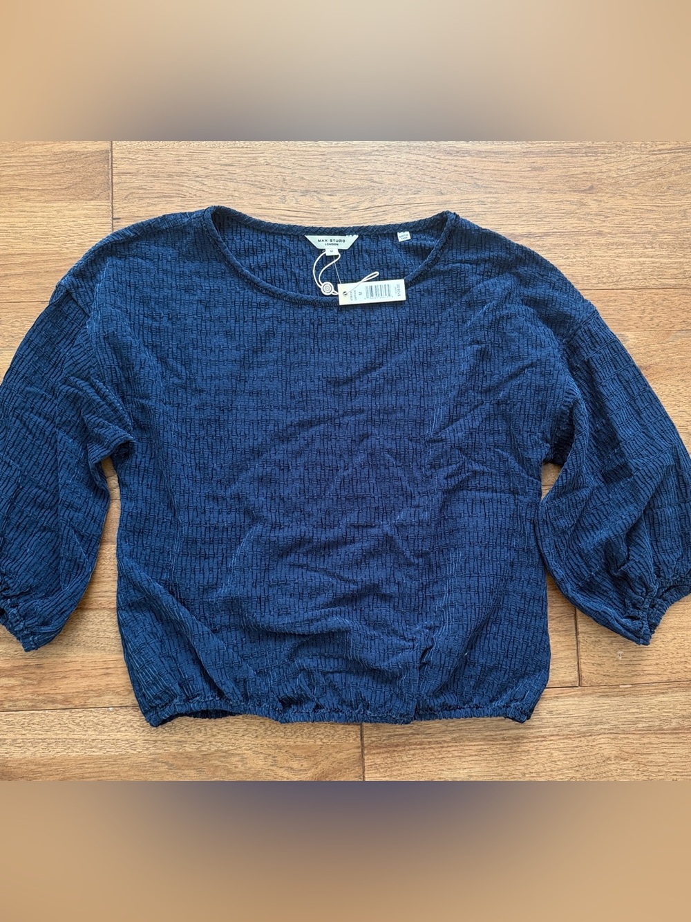 Max Studio London Textured Bubble Hem Top Sapphire Blue NWT Medium